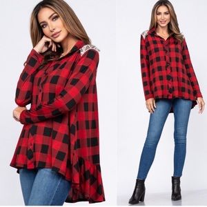 ValMarie Red and Black Plaid Button-Up Tunic with Lace Shoulder